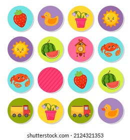 Memory game for preschool children, vector cards. Find two identical picture. Kids activity page for book. 