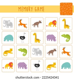 Memory game for preschool children, vector cards with african animals. Find two identical picture. Kids activity page for book.