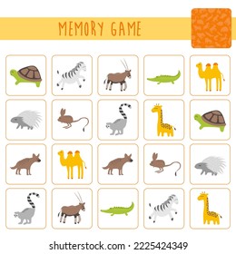 Memory game for preschool children, vector cards with african animals. Find two identical picture. Kids activity page for book.