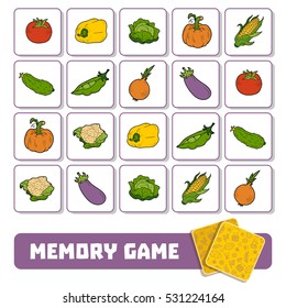 Memory Game For Preschool Children, Vector Cards With Vegetables