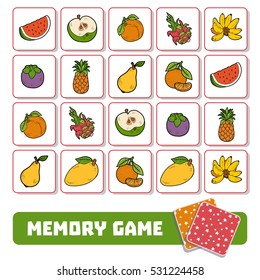 Memory Game For Preschool Children, Vector Cards With Fruits