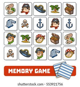 Memory game for preschool children, vector cards with pirate characters and items