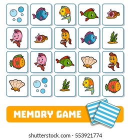 Memory Game For Preschool Children, Vector Cards About Sea World