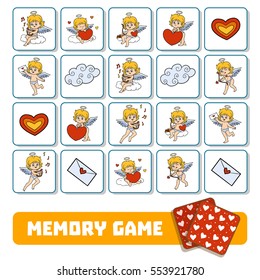 Memory game for preschool children, vector cards with angels