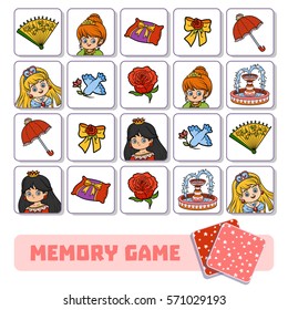 Memory game for preschool children, vector cards with princess and items