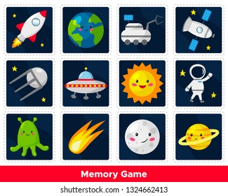 Memory game for preschool kids. Cute cartoon planets, sun, astronaut, satellite, UFO, aliens. Space theme. Solar system. Vector illustration.