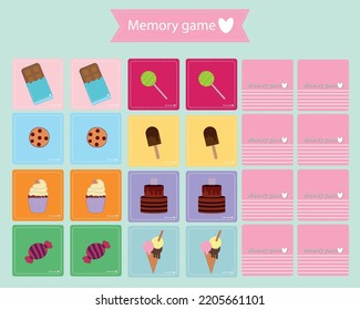 
Gedächtnisspiel für Vorschulkinder, Vektorkunst mit bunten Süßigkeiten, für Kinder zum Spielen und Lernen, finden Sie zwei identische Bilder.