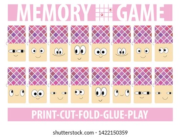 Memory game with smiling faces on horizontal album A4 page. Print, cut, fold, glue, play. Vector. 