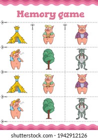 Memory game. Three little pigs, wolf, tree Educational game for children. Cartoon vector illustration.