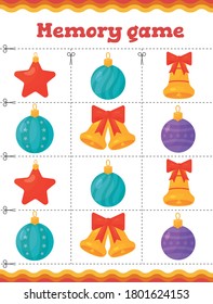 Memory game Toddler education games with christmas tree decoration. Preschool or kindergarten Christmas worksheet. Vector illustration