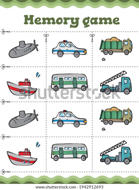 Memory game. Transport: submarine, police\
car, lorry, ship, bus Educational game for children. Cartoon vector\
illustration.