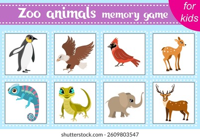 Memory game. Zoo. Penguin, eagle, cardinal, elephant, deer, fawn, chameleon, lizard. Memory game for preschool children. Educational game for children.