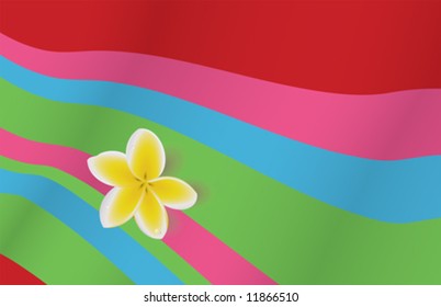 Memory of Hawaii. Vector illustration of a realistic single bloom of yellow plumeria on a colorful abstract background, or on stripy beach towel.