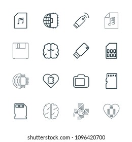 Memory icon. collection of 16 memory outline icons such as brain, cpu in heart, cpu planet, usb drive, camera display, usb signal. editable memory icons for web and mobile.