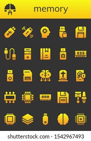 memory icon set. 26 filled memory icons.  Collection Of - Pendrive, Brainstorming, Brain, Floppy disk, Usb, Cpu, Album, Ram, Sd card, Gravestone, Hard disk, Diskette, Components icons