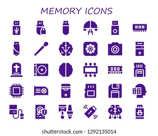  memory icon set. 30 filled memory icons. Simple modern icons about  - Usb, Pendrive, Brainstorming, Ram, Stick, Brain, Photos, Photo, Cpu, Gravestone, Dvd, Sd card, Memory card