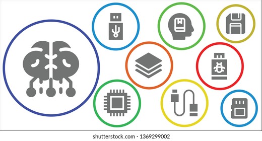 memory icon set. 9 filled memory icons.  Collection Of - Brain, Usb, Memorize, Cpu, Albums, Pendrive, Floppy disk, Memory card