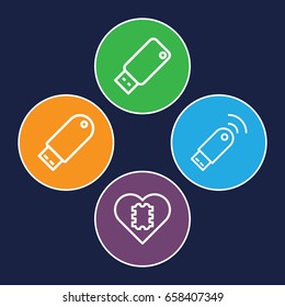 Memory icons set. set of 4 memory outline icons such as flash drive, usb drive, usb signal