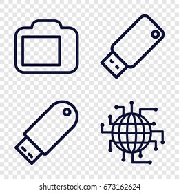 Memory icons set. set of 4 memory outline icons such as flash drive, usb drive, camera display