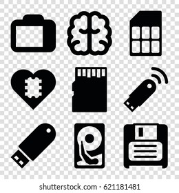 Memory icons set. set of 9 memory filled icons such as brain, diskette, flash drive, camera display, usb signal, memory card, hard disc