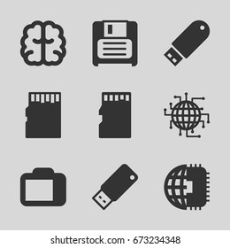 Memory icons set. set of 9 memory filled icons such as brain, diskette, flash drive, memory card, usb drive, camera display