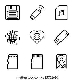 Memory icons set. set of 9 memory outline icons such as diskette, usb drive, usb signal, hard disc, CPU in heart
