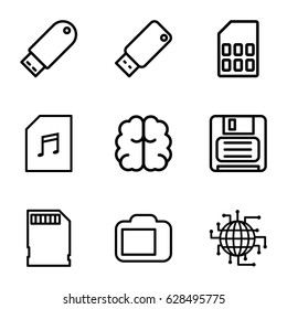 Memory icons set. set of 9 memory outline icons such as brain, diskette, flash drive, usb drive, camera display