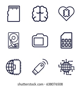 Memory icons set. set of 9 memory outline icons such as brain, camera display, usb signal, memory card, hard disc, cpu in heart