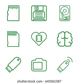 Memory icons set. set of 9 memory outline icons such as brain, diskette, flash drive, memory card, camera display, usb signal, hard disc