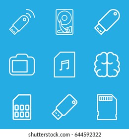 Memory icons set. set of 9 memory outline icons such as brain, flash drive, usb drive, camera display, usb signal