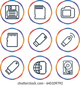 Memory icons set. set of 9 memory outline icons such as diskette, flash drive, memory card, usb drive, camera display, usb signal, hard disc
