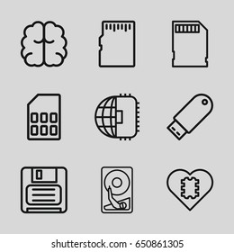 Memory icons set. set of 9 memory outline icons such as brain, diskette, flash drive, memory card, hard disc, cpu in heart