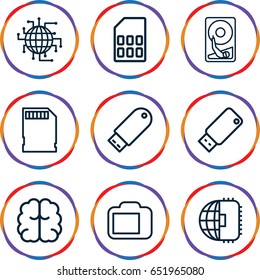 Memory icons set. set of 9 memory outline icons such as brain, flash drive, memory card, usb drive, camera display, hard disc