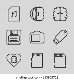 Memory icons set. set of 9 memory outline icons such as brain, diskette, flash drive, camera display, cpu in heart