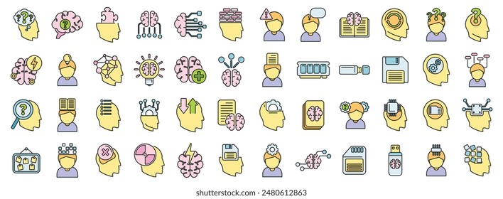 Los iconos de memoria definen el Vector de contorno. Alzheimer cerebral. Trastorno de cuidado de línea fina de color plano sobre blanco