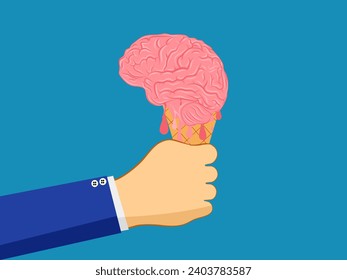 Memory loss. big hand holds a brain that melts like ice cream. vector 