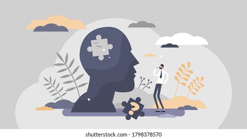 Memory loss brain amnesia problem. Tiny person forgets thoughts concept. Medical issue symbolic scene with missing puzzle piece in head vector illustration. Mental fogginess patient examination.