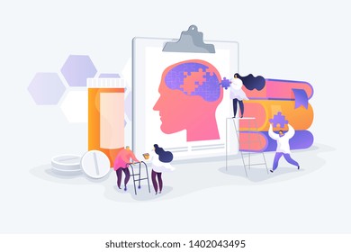 Memory loss, brain illness treatment, therapy. Elderly people mental disorders. Caregivers with patients. Alzheimer disease, dementia, dotage concept. Vector isolated concept creative illustration