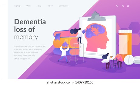 Memory loss, brain illness treatment, therapy. Elderly people mental disorders. Caregivers with patients. Alzheimer s disease, dementia, dotage concept. Website homepage header landing web page