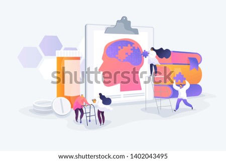 Memory loss, brain illness treatment, therapy. Elderly people mental disorders. Caregivers with patients. Alzheimer disease, dementia, dotage concept. Vector isolated concept creative illustration