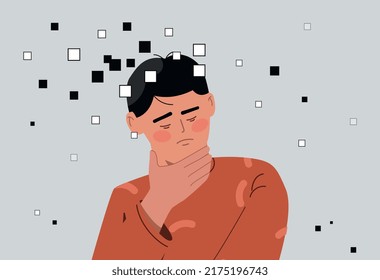 Memory loss concept. Man unable to remember anything. Problems with health and functioning of brain, amnesia after head injury. Guy with dementia or Alzheimer disease. Cartoon flat vector illustration