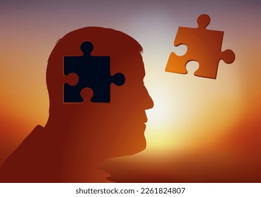 Memory loss concept with a man whose puzzle piece has been removed from his skull, a symbol of his diseased brain.