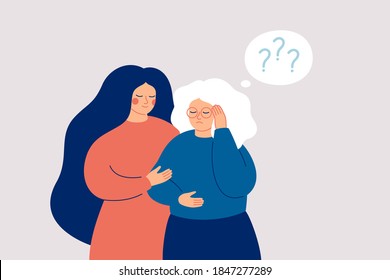 Memory loss concept. Senior woman has a mental disorder or amnesia. Nurse or social worker supports mature female with dementia. Vector illustration