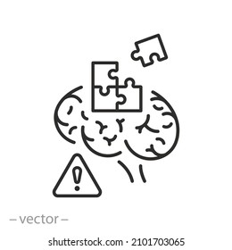 memory loss or decline icon, brain with puzzle, damage mind, forget thought, sclerosis, thin line symbol on white background - editable stroke vector illustration