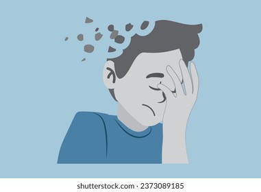 Memory loss and dementia, brain damage concept. Profile of sad man losing parts of his head as symbol of reduced function of brain and mind sitting alone vector illustration