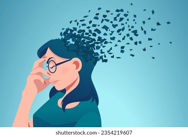 Pérdida de memoria por demencia o daño cerebral. Vector de una mujer que pierde partes de la cabeza como símbolo de función mental disminuida.