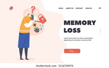 Plantilla de la página de inicio de pérdida de memoria. Concepto de demencia, enfermedad de Alzheimer. Una Mujer Mayor Olvidó Las Plantas De Agua. Carácter femenino antiguo con amnesia, problemas mentales. Ilustración de vectores de personas de caricatura