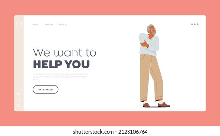 Memory Loss Landing Page Template. Senility Dementia Concept. Confused Pensive Old Male Character Forget Something. Forgetful Senior Man with Alzheimer Disease. Cartoon People Vector Illustration