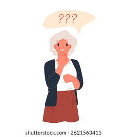 Memory loss problem, diagnosis of dementia in elderly patient. Old sad woman with Alzheimer symptoms, confused grandmother with worry and question marks in thoughts cartoon vector illustration