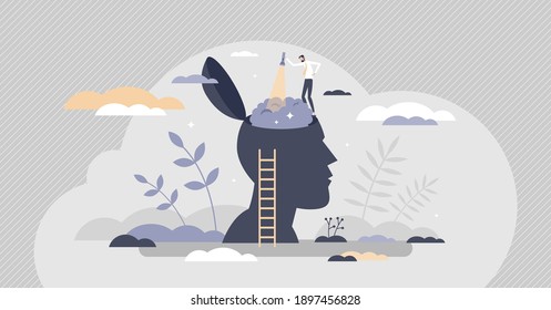 Memory loss and problem with information forgetting tiny person concept. Alzheimer medical disease as psychological research for medical mental disorder vector illustration. Searching in head for info